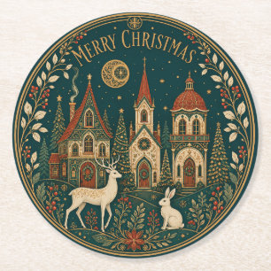 Enchanted Golden Merry Christmas Village Round Paper Coaster