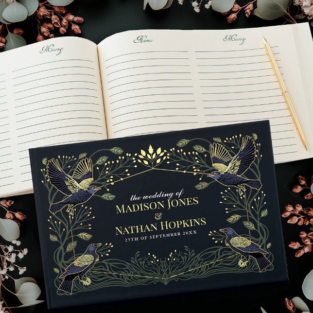 Enchanted Gothic Raven Floral Green Leaves Wedding Guest Book (Creator Uploaded)