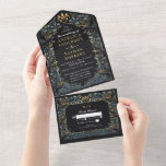 Enchanted Gothic Raven Floral Wedding All In One Invitation<br><div class="desc">Elegant and gothic wedding design with ravens and foliage. This design features a black background, with dark blue ravens and muted green leaves with gold accents. The gold foil featured on this invite is NOT real foil. Matching Items in our shop for a complete party theme. For further questions please...</div>