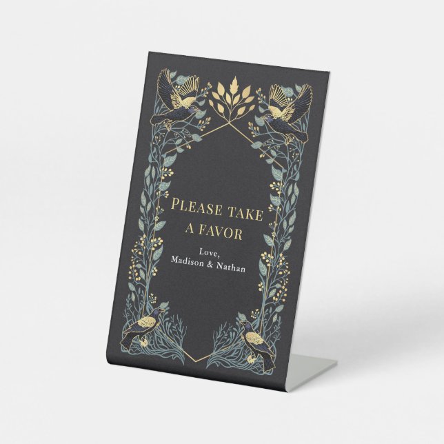 Enchanted Gothic Raven Floral Wedding Favour Pedestal Sign (Front)