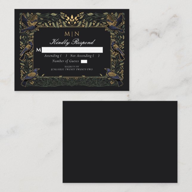 Enchanted Gothic Raven Floral Wedding Green RSVP  Enclosure Card (Front/Back)