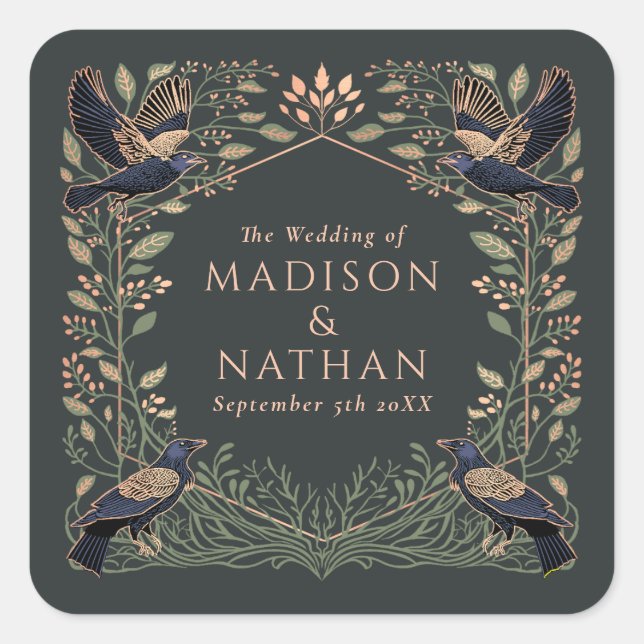 Enchanted Gothic Raven Floral Wedding  Square Sticker (Front)