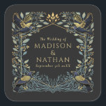 Enchanted Gothic Raven Floral Wedding  Square Sticker<br><div class="desc">Elegant,  whimsical,  and gothic wedding design perfect for either an enchanted forest-themed celebration or a moody and dark gothic affair. This design features ravens set in a frame of muted teal-blue thorns,  berries,  greenery,  and gold accents. Matching Items in our shop for a complete party theme.</div>