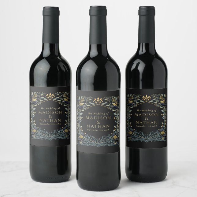 Enchanted Gothic Raven Floral Wedding Wine Label (Bottles)