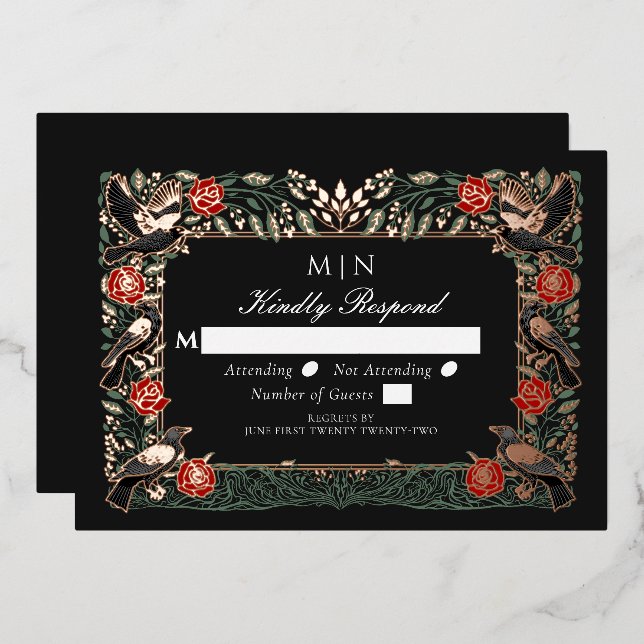Enchanted Gothic Raven Roses Wedding RSVP  (Front/Back)