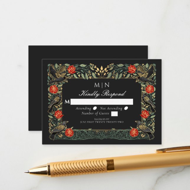 Enchanted Gothic Raven Roses Wedding Silver RSVP  Enclosure Card (Front/Back In Situ)