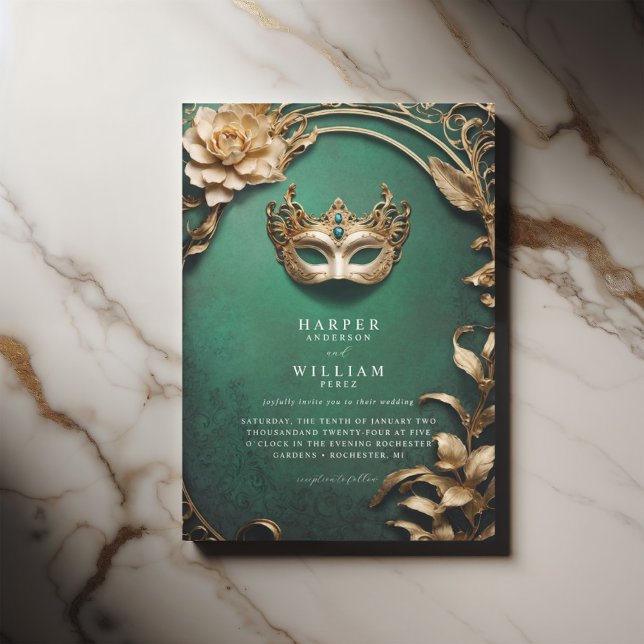 Enchanted green and gold Masquerade Wedding Invitation (Theater green ornated masquerade wedding invitation with a vintage flair)
