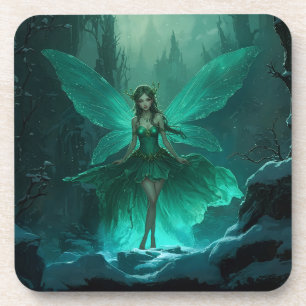 Enchanted Green Fairy Winter Forest Christmas Coaster