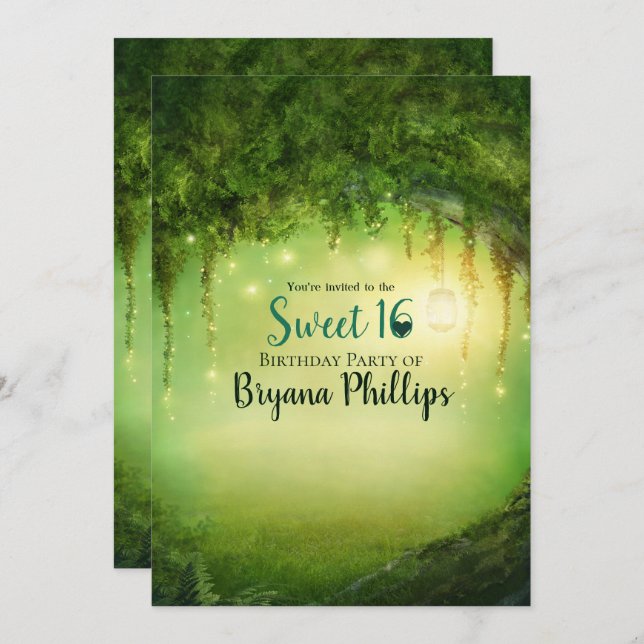 Enchanted Green Forest Lantern Sweet 16 Party Invitation (Front/Back)