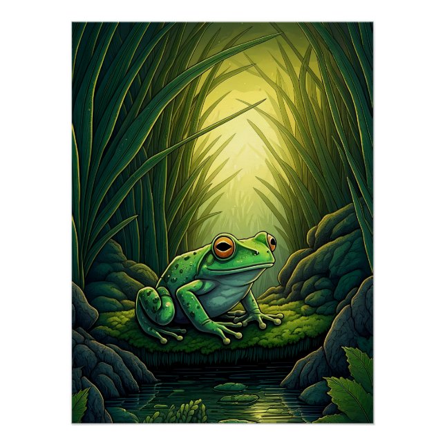 Enchanted Green Frog in a Forest Poster (Front)