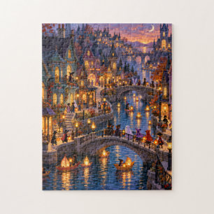 Enchanted Halloween Haunted Canal Village Jigsaw Puzzle