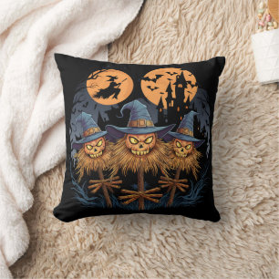 Enchanted Halloween scarecrows under a full moon Cushion