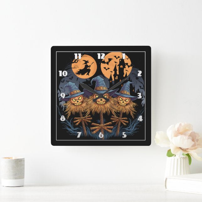 Enchanted Halloween scarecrows under a full moon Square Wall Clock (Home)