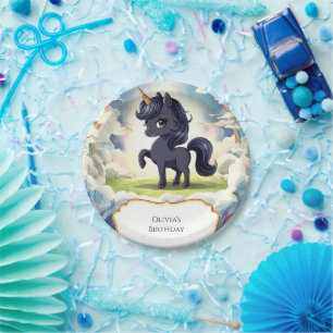 Enchanted Happy Black Unicorn Birthday Paper Plate