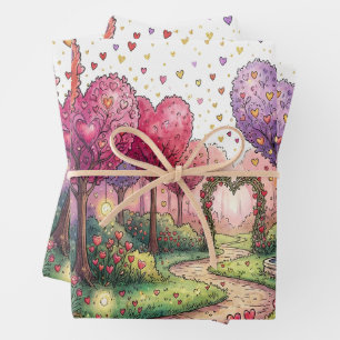 Enchanted Heart Forest Fantasy Watercolor Garden Wrapping Paper Sheet