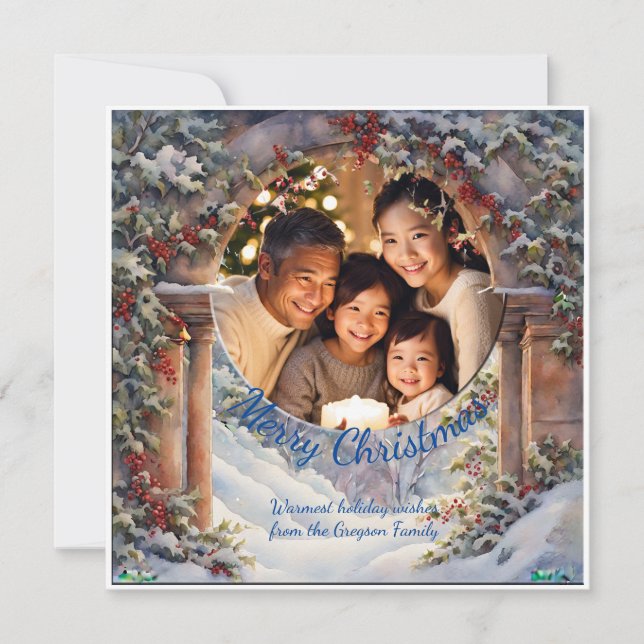 Enchanted Holly Arch Personalized Christmas Photo Holiday Card (Front)