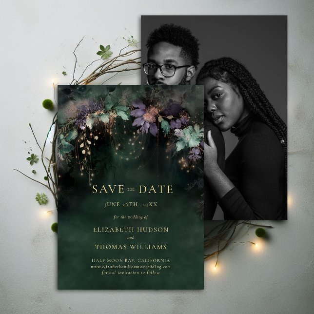Enchanted Hunter Green Photo Wedding Save Date Invitation (enchanted forest wedding save the date hunter green emerald sage lavender photo template elegant)