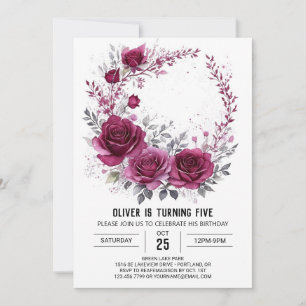Enchanted Kids' Burgundy Floral Birthday Invitation