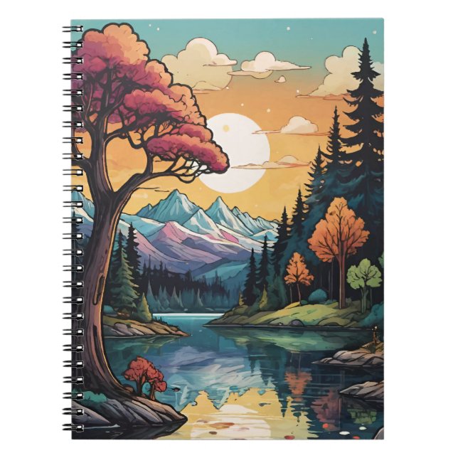 Enchanted Lakeside Serenity Sunset Landscape Notebook (Front)