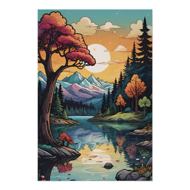 Enchanted Lakeside Serenity Sunset Landscape  Poster (Front)