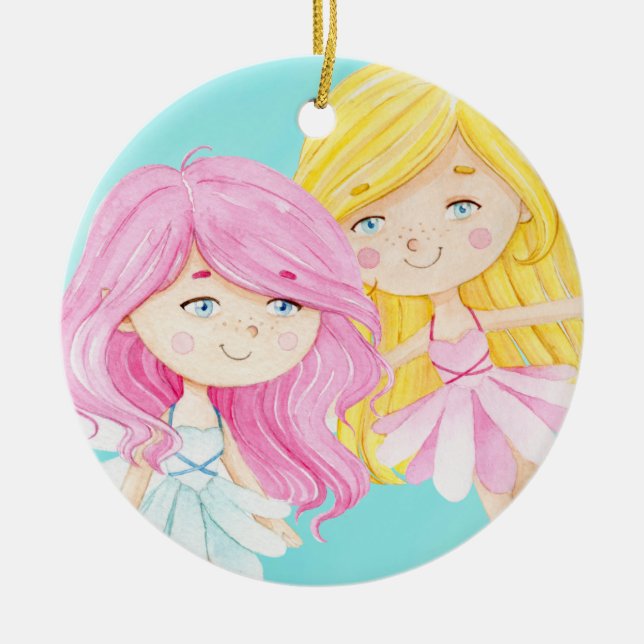 Enchanted Magical Fairies Sisters Christmas Ceramic Ornament (Front)
