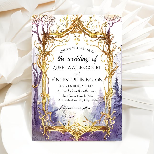 Enchanted Magical Forest Wedding Gold Frame Invitation (Creator Uploaded)