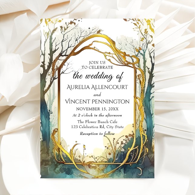 Enchanted Magical Forest Wedding Gold Frame Invitation (Creator Uploaded)