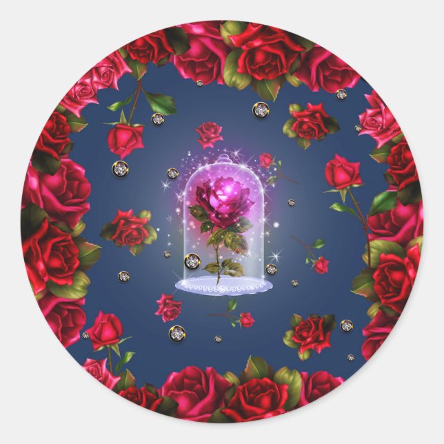 Enchanted Magical Red Rose Blue Floral Bling Party Classic Round Sticker (Front)