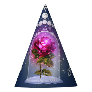 Enchanted Magical Red Rose Blue Floral Bling Party Hat