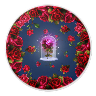 Enchanted Magical Red Rose Blue Floral Ceramic Knob