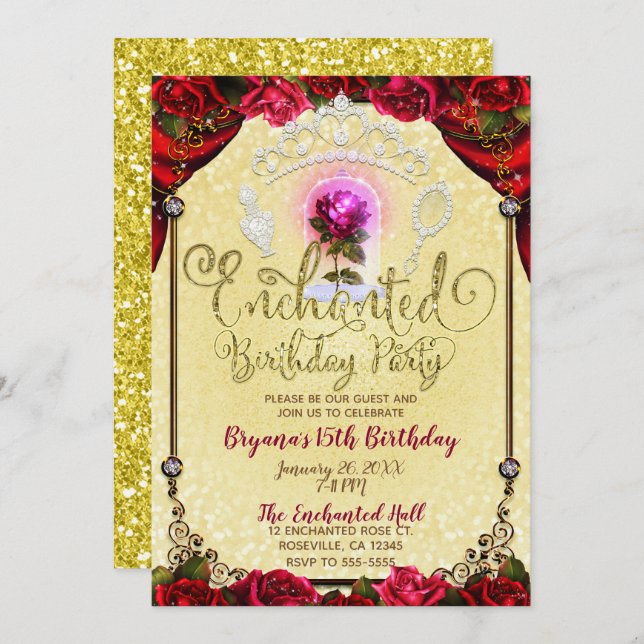 Enchanted Magical Rose Beauty Birthday Party Invitation (Front/Back)