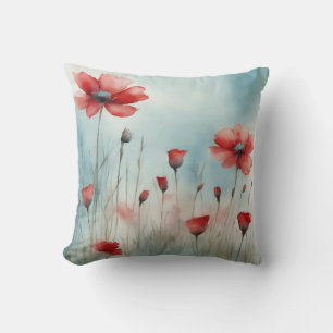 Enchanted Meadow Red Wildflower Watercolor Floral Cushion