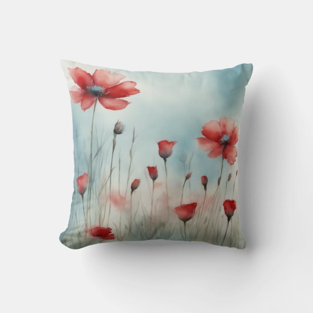 Enchanted Meadow Red Wildflower Watercolor Floral Cushion (Front)