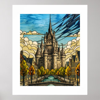Enchanted Medieval Castle Stained Glass Canal Illu Poster