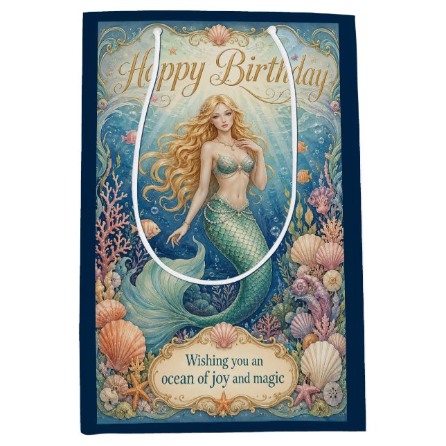Enchanted Mermaid Birthday Beneath the Waves Medium Gift Bag (Front)