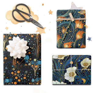 Enchanted Midnight Florals in Gold and Blue, Wrapping Paper Sheet