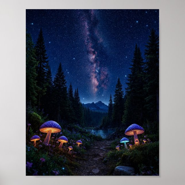 Enchanted Midnight Forest: Glowing Mushrooms  Poster (Front)