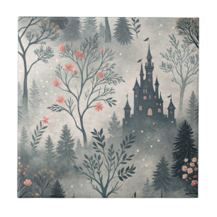 Enchanted Misty Forest with Dark Castle – Ethereal Ceramic Tile