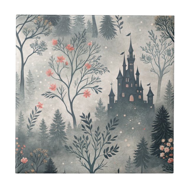 Enchanted Misty Forest with Dark Castle – Ethereal Ceramic Tile (Front)