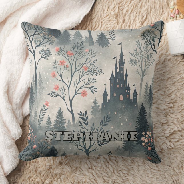 Enchanted Misty Forest with Dark Castle – Ethereal Cushion (Blanket)