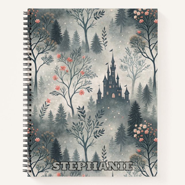 Enchanted Misty Forest with Dark Castle – Ethereal Notebook (Front)