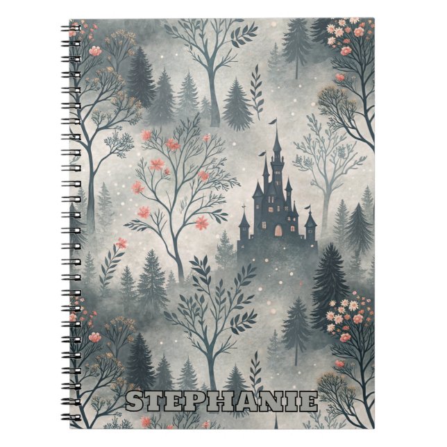Enchanted Misty Forest with Dark Castle – Ethereal Notebook (Front)