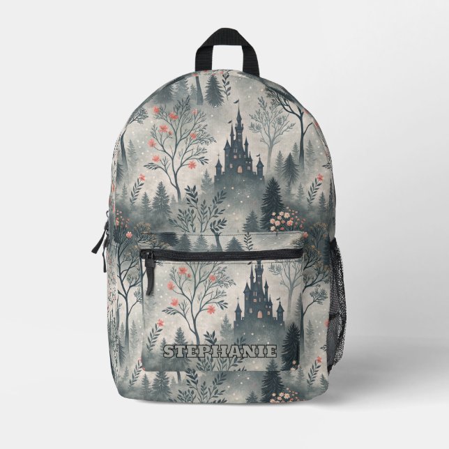 Enchanted Misty Forest with Dark Castle – Ethereal Printed Backpack (Front)