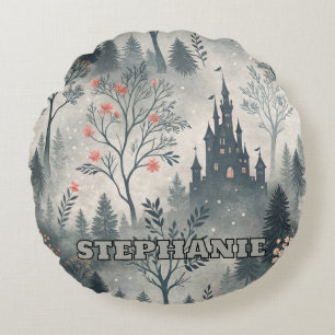 Enchanted Misty Forest with Dark Castle – Ethereal Round Cushion