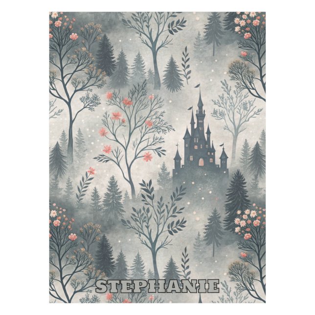 Enchanted Misty Forest with Dark Castle – Ethereal Tablecloth (Front)