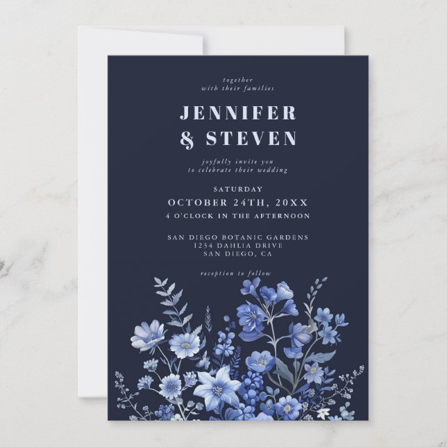 Enchanted Monochrome Navy Blue Wildflower Wedding Invitation (Front)