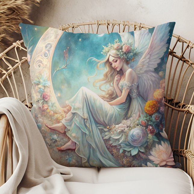 Enchanted Moon Fairy – Celestial Fantasy Art  Cushion (Enchanted Moon Fairy – Celestial Fantasy Art Throw Pillow on a boho rattan armchair)