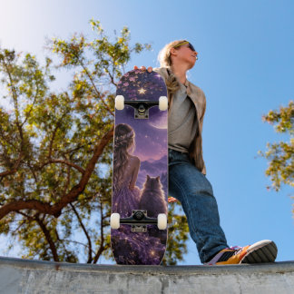 Enchanted Moonlight Purple Fantasy Night With Cat Skateboard