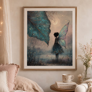 Enchanted Moonlit Leaf Fairy Fantasy Art Poster