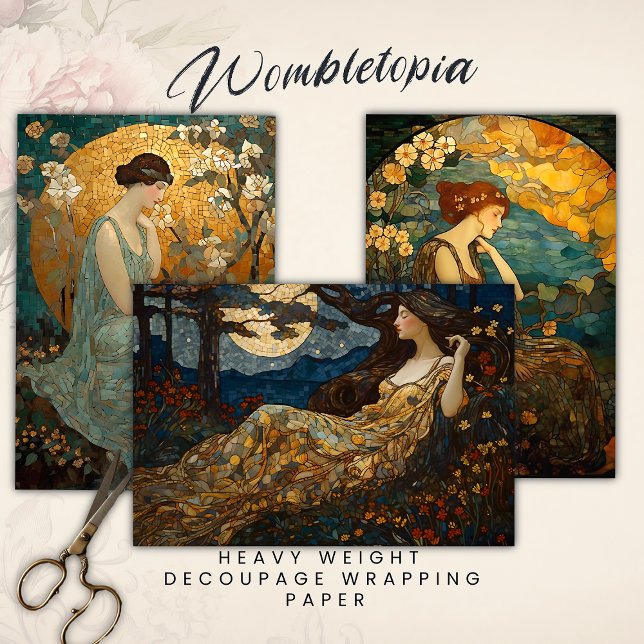 Enchanted Moonlit Maiden Floral Mosaic Decoupage Wrapping Paper Sheet (Creator Uploaded)
